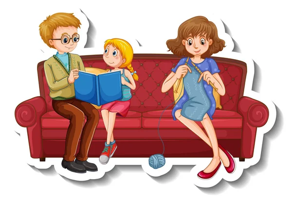 Szablon Naklejki Członkami Rodziny Wykonujących Różne Czynności Ilustracji Sofa — Wektor stockowy