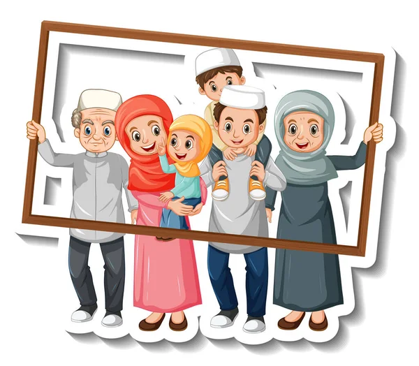 Šablona Samolepky Kreslenou Kreslenou Postavou Muslimské Rodiny — Stockový vektor