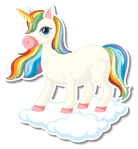 Adesivi Carino Unicorno Con Unicorno Arcobaleno Piedi Sulla Nuvola Illustrazione — Vettoriale Stock