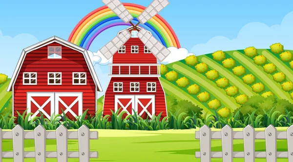 納屋や風車のイラストと農場の風景シーン — ストックベクタ
