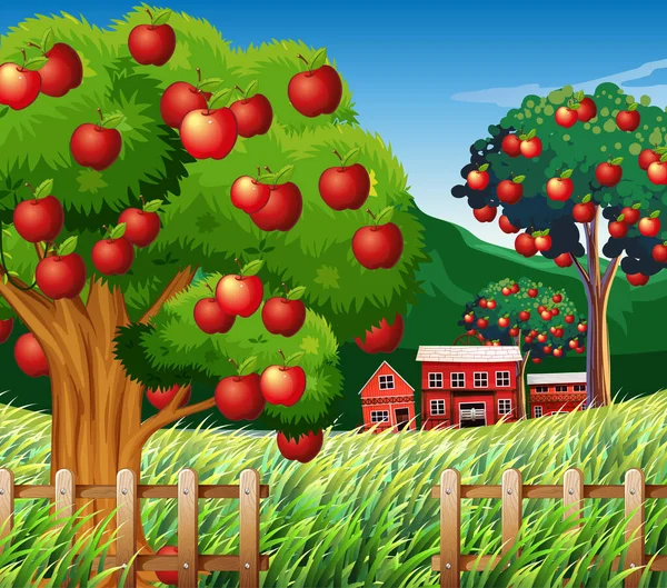 Granja Escena Con Gran Árbol Manzana Ilustración — Vector de stock