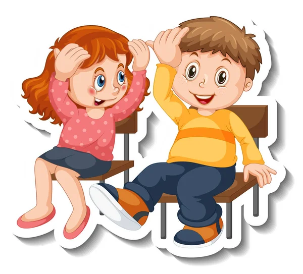 Sticker Template Couple Kids Students Cartoon Character Isolated Illustration — Stock Vector