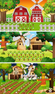 Yaşlı çiftçi ve hayvan çizgi film karakteri resimlerinin olduğu farklı çiftlik sahneleri.