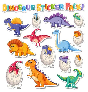 Farklı tip dinozor çizgi film karakterleri çizimleri içeren çıkartma seti