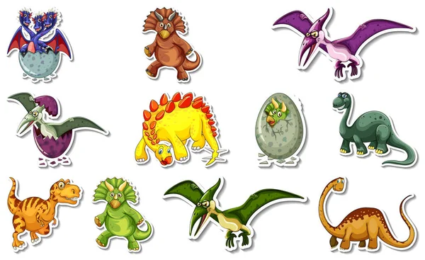 Adesivo Set Con Diversi Tipi Dinosauri Personaggi Dei Cartoni Animati — Vettoriale Stock
