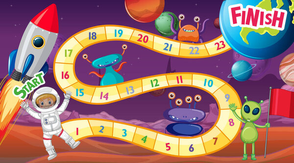 Snake and ladders game template with space theme illustration