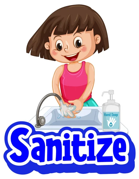 Sanitize Font Dalam Gaya Kartun Dengan Seorang Gadis Mencuci Tangan - Stok Vektor