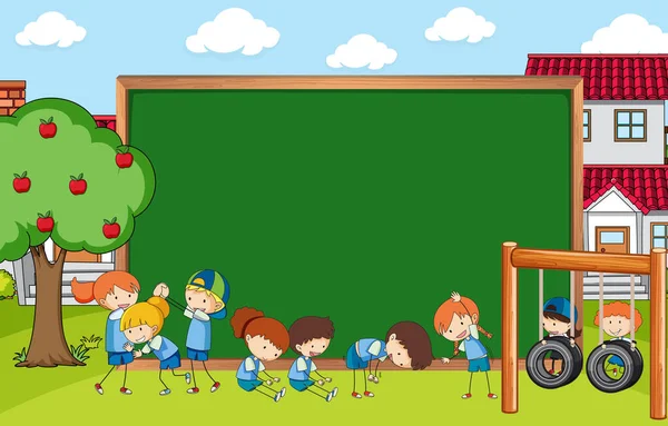Leeg Schoolbord Park Scene Met Veel Kinderen Doodle Cartoon Karakter — Stockvector