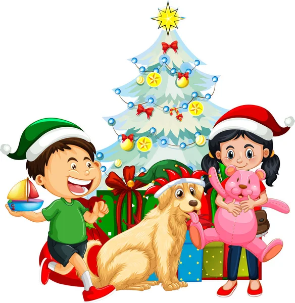 白い背景のイラストにクリスマスの衣装を着た犬を持つ子供たちのグループ — ストックベクタ