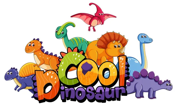 Roztomilý Dinosauři Karikatura Znak Cool Dinosaurus Písmo Banner Ilustrace — Stockový vektor