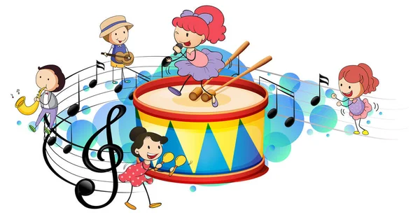 Snare Drum Met Veel Vrolijke Kinderen Melodie Symbolen Blauwe Vlek — Stockvector