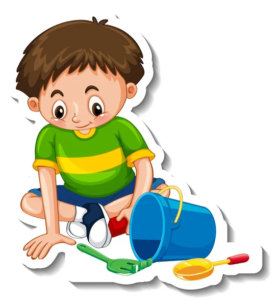 Šablona Samolepky Chlapcem Hrající Svými Hračkami Izolované Ilustrace — Stockový vektor