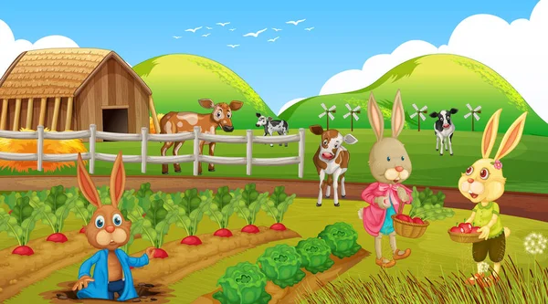 Scena Giardino Con Coniglio Famiglia Cartone Animato Personaggio Illustrazione — Vettoriale Stock