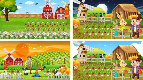 Cenas Fazenda Diferentes Com Agricultor Velho Ilustração Personagem Desenho Animado — Vetor de Stock