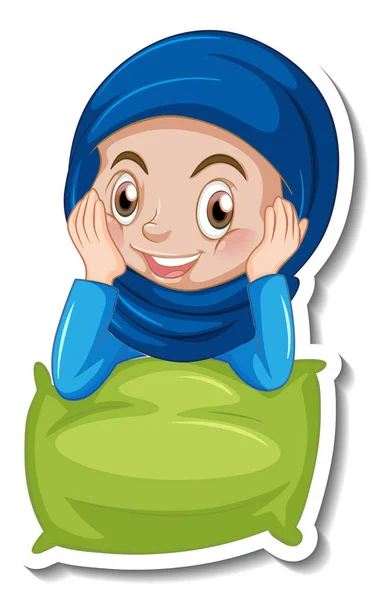 一个贴有穆斯林女孩抱着枕头的贴纸模板 — 图库矢量图片