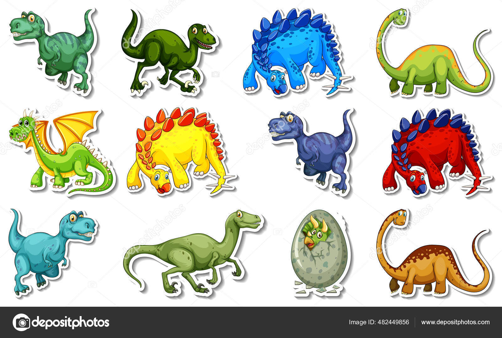 Coleção de dinossauros de desenhos animados de diferentes tipos.