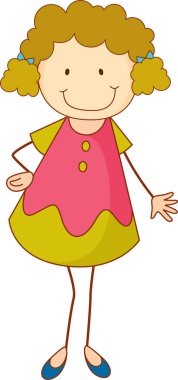 Sevimli kız çizgi film karakteri karalama stili izole edilmiş.