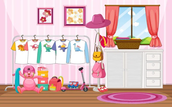 Children Clothes Clothesline Many Toys Room Scene Illustration — Stock Vector