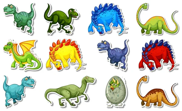 Sticker Set Met Verschillende Soorten Dinosaurussen Stripfiguren Illustratie — Stockvector