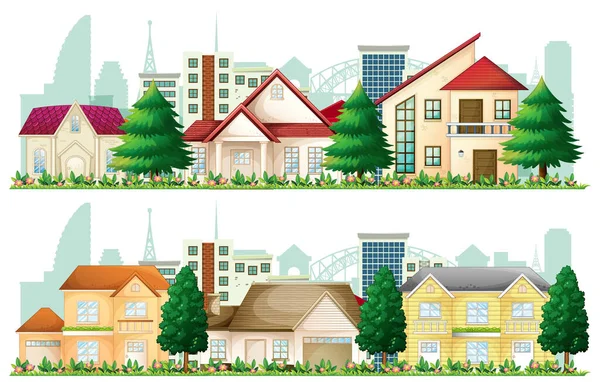 Set Van Voorstedelijke Huizen Witte Achtergrond Illustratie — Stockvector