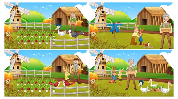 Different Farm Scenes Old Farmer Man Animal Cartoon Character Illustration — Stock Vector