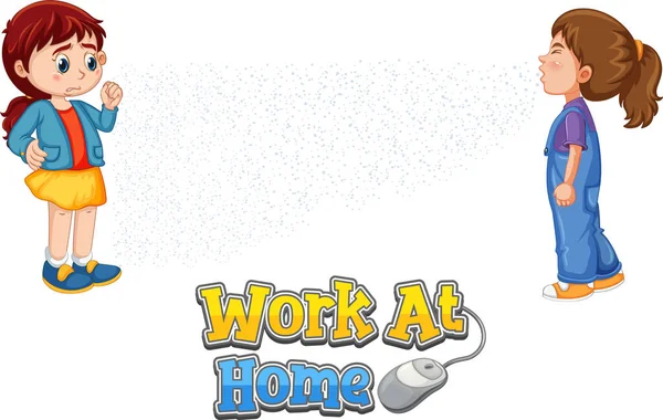 Work Home Schrift Cartoon Stil Mit Einem Mädchen Blick Auf — Stockvektor