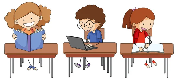 宿題をしている子供たちのセット漫画のキャラクター孤立イラスト — ストックベクタ