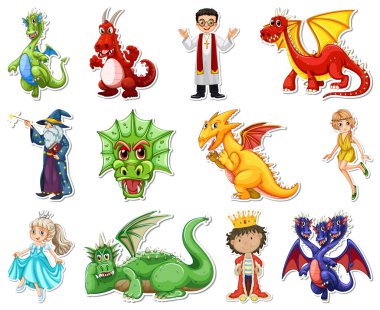 Farklı peri masalı karakter çizimleri içeren etiket seti