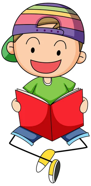 Een Doodle Kind Het Lezen Van Een Boek Cartoon Karakter — Stockvector