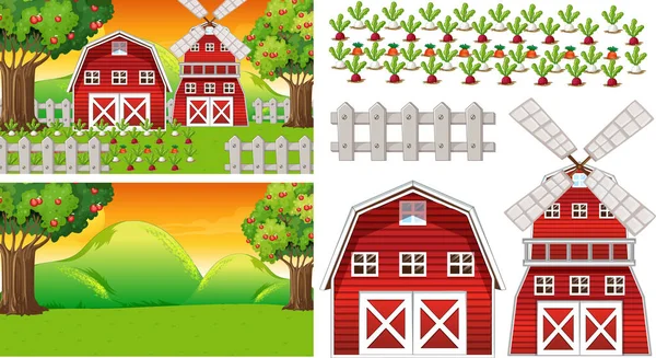 Farm Element Set Isolated Farm Scence Illustration — Stock Vector