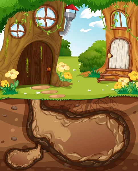 庭の風景図の地面を持つ地下動物の穴 — ストックベクタ