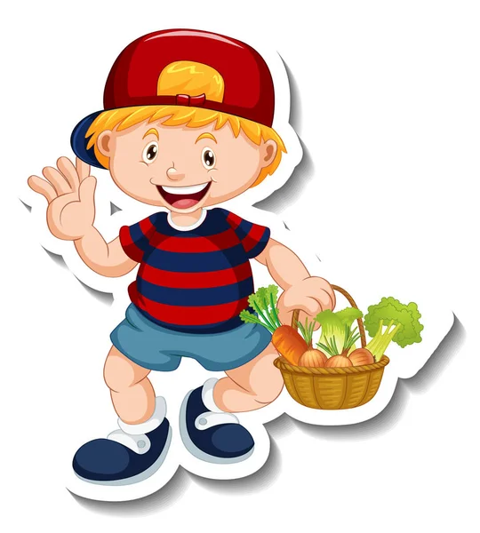 野菜のバスケット漫画のキャラクターを保持している男の子とステッカーテンプレート孤立イラスト — ストックベクタ