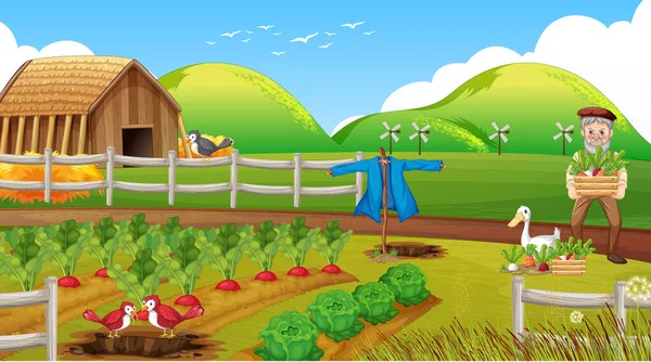 Escena Granja Con Viejo Granjero Hombre Animales Granja Ilustración — Vector de stock