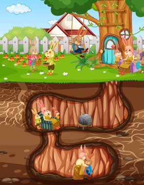 Bahçe sahnesinin zemin yüzeyine sahip yeraltı tavşan deliği.