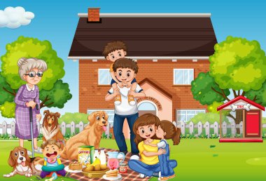 Mutlu bir aile, evcil hayvan resimleriyle evde dikiliyor.