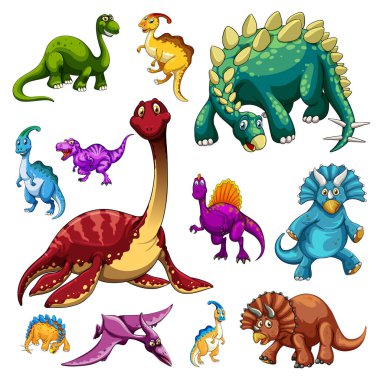 Beyaz arkaplan illüstrasyonunda çeşitli izole dinozor çizgi film karakterleri