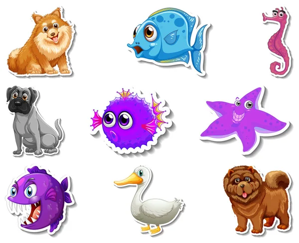 Set Stickers Met Zeedieren Honden Tekenfilmfiguur Illustratie — Stockvector