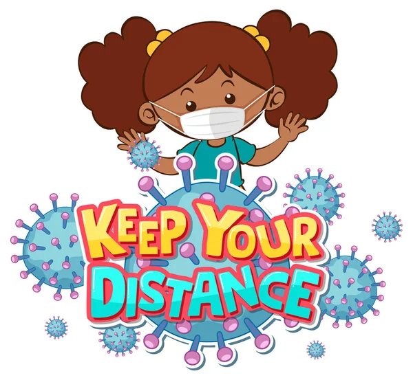 Keep Your Distance Font Design Girl Wearing Medical Mask White — Stock Vector