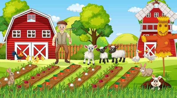 Farm Scene Daytime Old Farmer Man Cute Animals Illustration — Stock Vector