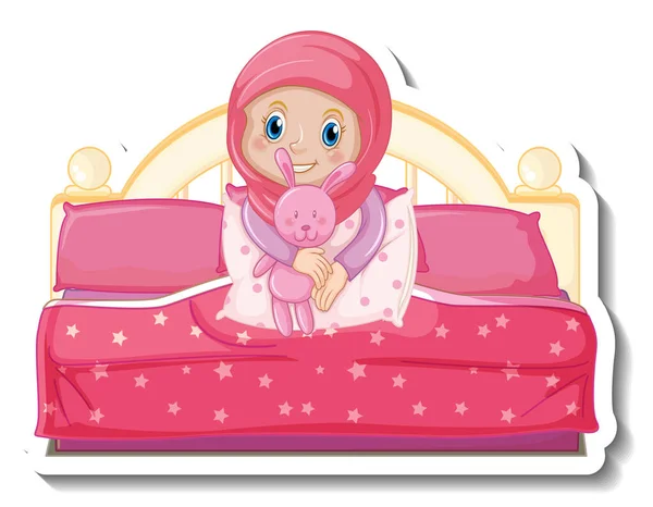 Шаблон Наклейки Мусульманською Дівчиною Сидить Ілюстрації Ліжка — стоковий вектор