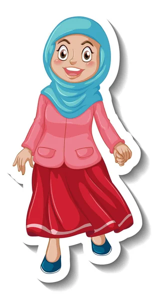 Sticker Template Muslim Woman Cartoon Character Illustration — Stock Vector