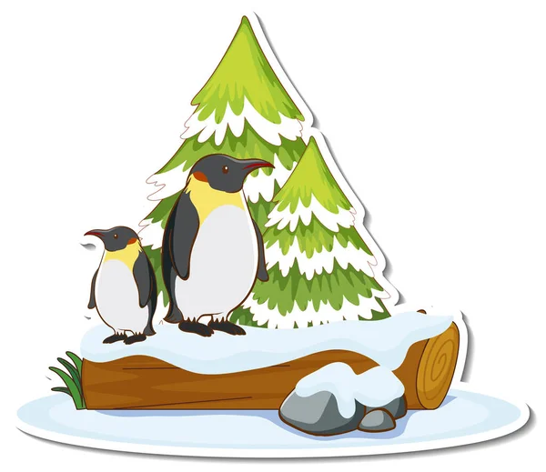 Twee Pinguïns Staan Bij Dennenboom Bedekt Met Sneeuw Sticker Illustratie — Stockvector