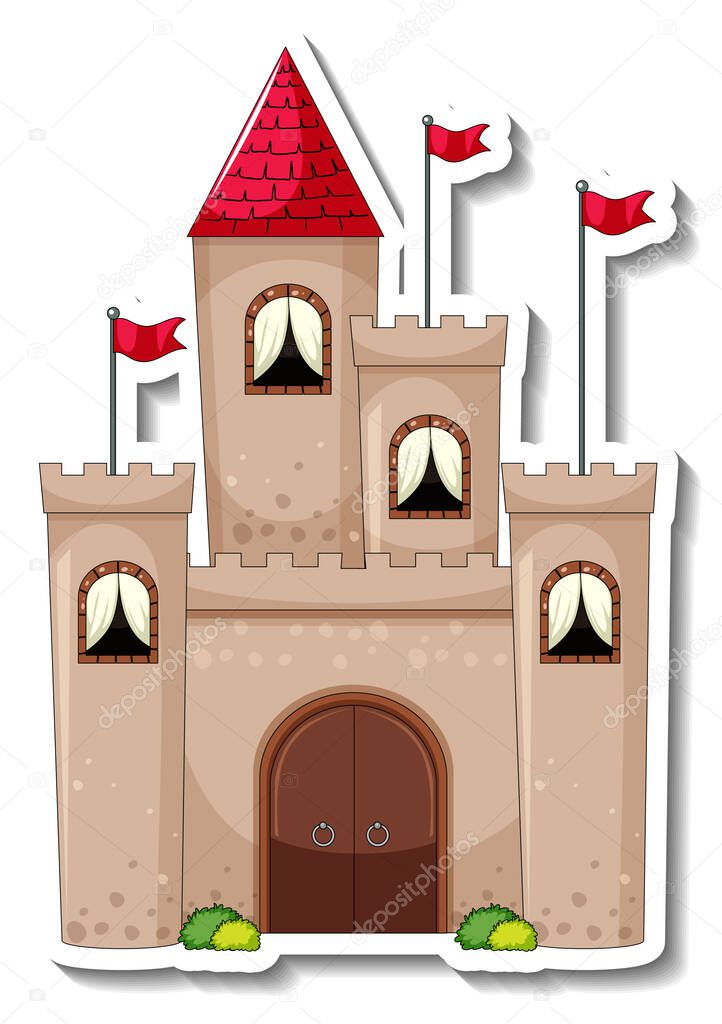 Sticker template with Big castle in cartoon style isolated illustration