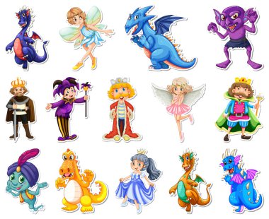 Farklı peri masalı karakter çizimleri içeren etiket seti