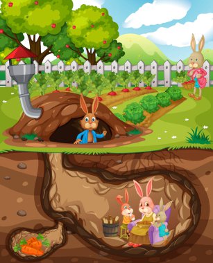 Bahçe sahnesinin zemin yüzeyine sahip yeraltı tavşan deliği.