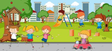 Park illüstrasyonunda oynayan bir sürü çocuğun olduğu açık hava sahnesi