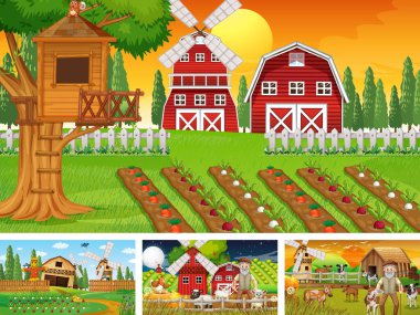 Yaşlı çiftçi ve hayvan çizgi film karakteri resimlerinin olduğu farklı çiftlik sahneleri.