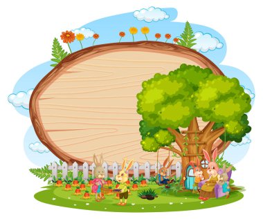 Bahçedeki boş tahta tahta, beyaz arkaplanda izole edilmiş iki tavşan.