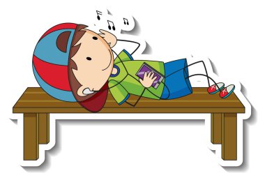 Çıkartma şablonu, mutlu bir çocuk müzik dinlerken izole edilmiş bir illüstrasyon