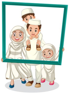 Fotoğraf çerçevesi çizimi tutan mutlu aile üyesi